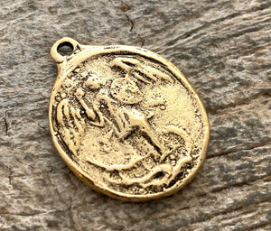 Archangel St. Michael, Catholic Medal, Antiqued Gold Cross Pendant, Religious Charm, Protect Us, Protection Christian Jewelry, GL-6177