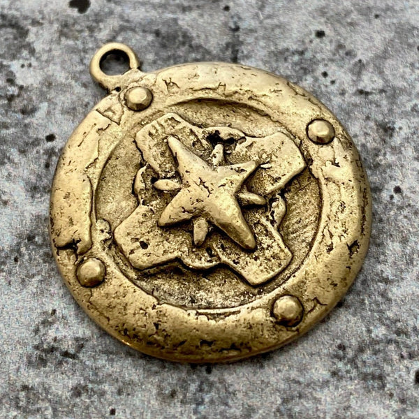 Load image into Gallery viewer, Compass Rose Cross Pendant, Antiqued Gold Pendant, Old World, Jewelry Supplies GL-6091

