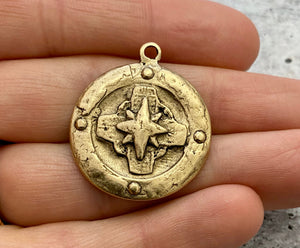 Compass Rose Cross Pendant, Antiqued Gold Pendant, Old World, Jewelry Supplies GL-6091