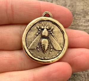 Large Soldered Bee Pendant, Crown and Laurel Leaf Charm, Artisan Jewelry Components Supplies, GL-6190