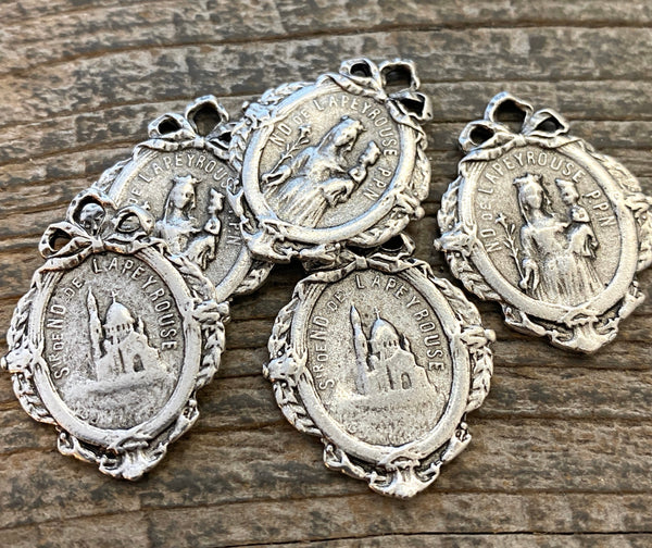 Load image into Gallery viewer, French Mary Medal with Bow, Notre Dame of Lapeyrouse, Silver Religious Jewelry Charm Pendant, SL-6101
