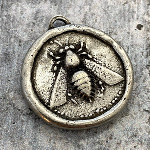 Large Soldered Bee Pendant, Antiqued Silver Crown and Laurel Leaf Charm, Artisan Jewelry Components Supplies, PW-6190