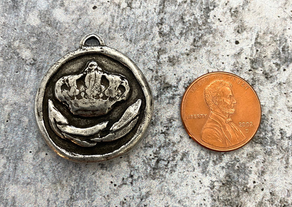 Load image into Gallery viewer, Large Soldered Bee Pendant, Antiqued Silver Crown and Laurel Leaf Charm, Artisan Jewelry Components Supplies, PW-6190
