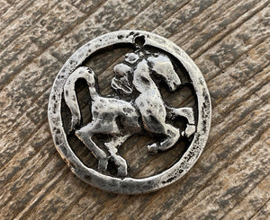 Large Artisan Horse Pendant, Antiqued Silver Equestrian Charm, Jewelry Making, PW-6105