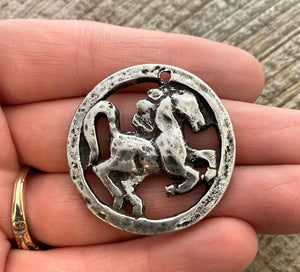 Large Artisan Horse Pendant, Antiqued Silver Equestrian Charm, Jewelry Making, PW-6105