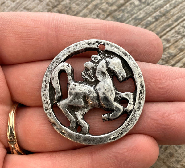 Load image into Gallery viewer, Large Artisan Horse Pendant, Antiqued Silver Equestrian Charm, Jewelry Making, PW-6105
