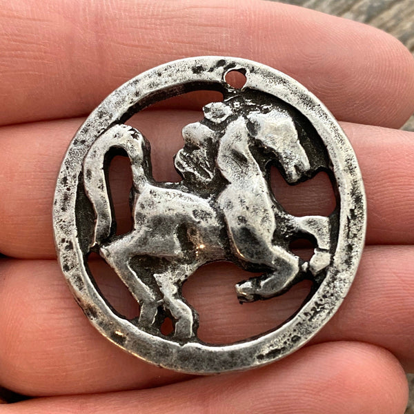 Load image into Gallery viewer, Large Artisan Horse Pendant, Antiqued Silver Equestrian Charm, Jewelry Making, PW-6105
