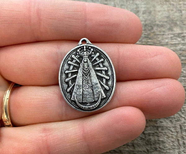 Load image into Gallery viewer, Our Lady of Lujan Medal, Catholic Religious Pendant, Blessed Mother, Antiqued Oxidized Silver Charm, Religious Jewelry, PW-6103
