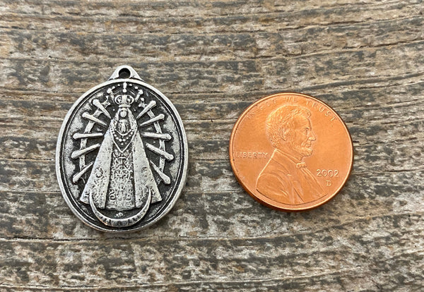 Load image into Gallery viewer, Our Lady of Lujan Medal, Catholic Religious Pendant, Blessed Mother, Antiqued Oxidized Silver Charm, Religious Jewelry, PW-6103
