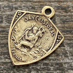 St. Christopher, Catholic Medal, Antiqued Gold Pendant, Triangle Medallion, Religious Charm Jewelry, Protect Us, Key Chain, GL-6104