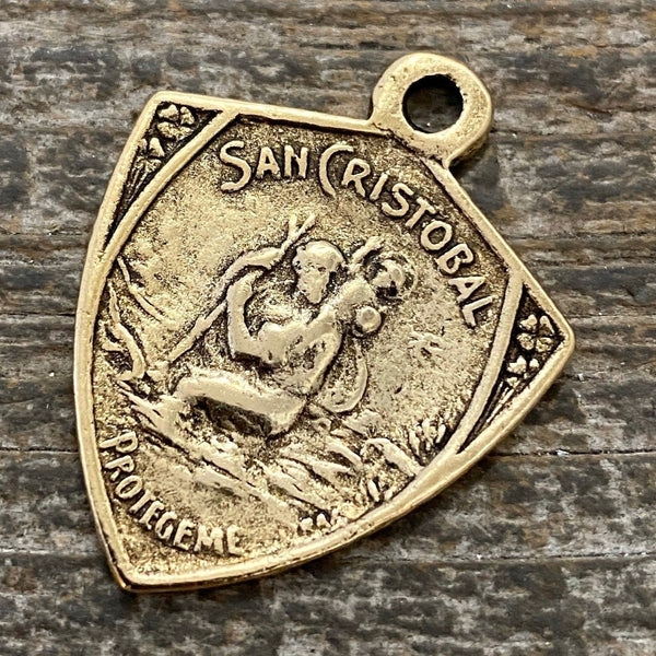 Load image into Gallery viewer, St. Christopher, Catholic Medal, Antiqued Gold Pendant, Triangle Medallion, Religious Charm Jewelry, Protect Us, Key Chain, GL-6104

