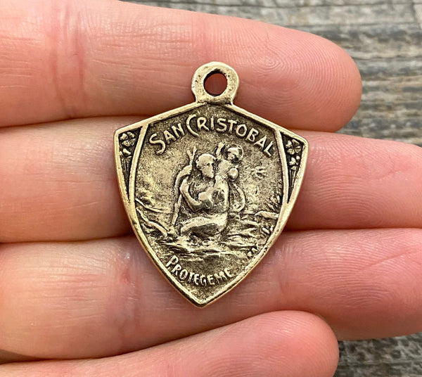 Load image into Gallery viewer, St. Christopher, Catholic Medal, Antiqued Gold Pendant, Triangle Medallion, Religious Charm Jewelry, Protect Us, Key Chain, GL-6104
