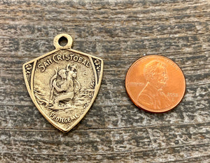 St. Christopher, Catholic Medal, Antiqued Gold Pendant, Triangle Medallion, Religious Charm Jewelry, Protect Us, Key Chain, GL-6104