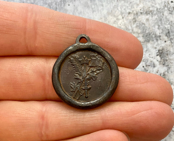 Load image into Gallery viewer, Soldered Joan of Arc Medal, Antiqued Rustic Brown Charm Pendant, Brave Woman, Saint of Soldiers, Religious Catholic Jewelry Supply, BR-6098
