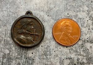 Soldered Joan of Arc Medal, Antiqued Rustic Brown Charm Pendant, Brave Woman, Saint of Soldiers, Religious Catholic Jewelry Supply, BR-6098