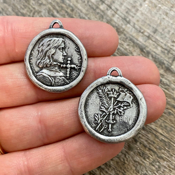 Load image into Gallery viewer, Soldered Joan of Arc Medal, Antiqued Silver Charm Pendant, Brave Woman, Saint of Soldiers, Religious Catholic Jewelry Supplies, PW-6098
