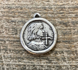 Soldered Joan of Arc Medal, Antiqued Silver Charm Pendant, Brave Woman, Saint of Soldiers, Religious Catholic Jewelry Supplies, PW-6098