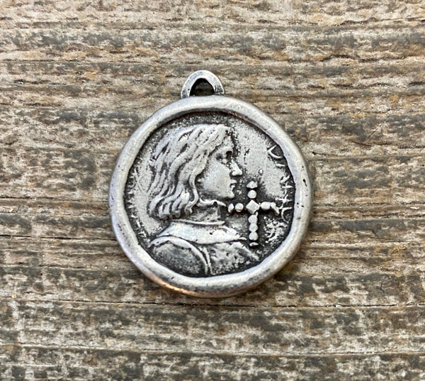 Load image into Gallery viewer, Soldered Joan of Arc Medal, Antiqued Silver Charm Pendant, Brave Woman, Saint of Soldiers, Religious Catholic Jewelry Supplies, PW-6098
