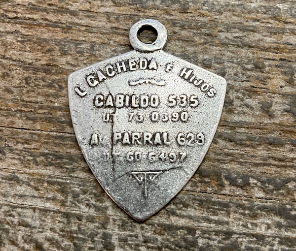 Load image into Gallery viewer, St. Christopher, Catholic Medal, Antiqued Silver Pendant, Triangle Medallion, Religious Charm Jewelry, Protect Us, Key Chain, PW-6104
