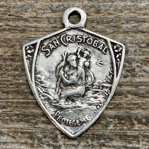 St. Christopher, Catholic Medal, Antiqued Silver Pendant, Triangle Medallion, Religious Charm Jewelry, Protect Us, Key Chain, PW-6104