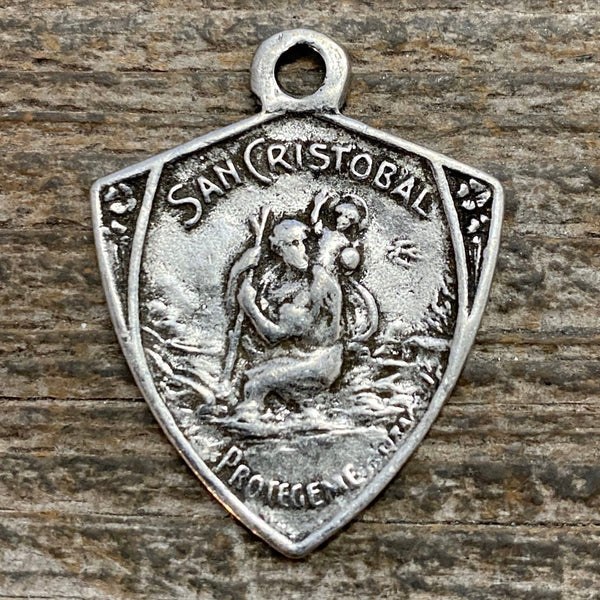 Load image into Gallery viewer, St. Christopher, Catholic Medal, Antiqued Silver Pendant, Triangle Medallion, Religious Charm Jewelry, Protect Us, Key Chain, PW-6104
