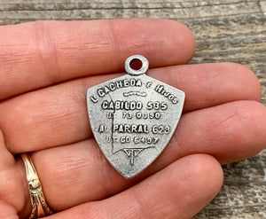 St. Christopher, Catholic Medal, Antiqued Silver Pendant, Triangle Medallion, Religious Charm Jewelry, Protect Us, Key Chain, PW-6104