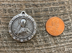 Swarovski Crystal Heart of Mary Medal, Antiqued Silver Charm, Catholic Christian Religious Pendant, Rhinestone Jewelry Making, SL-5024