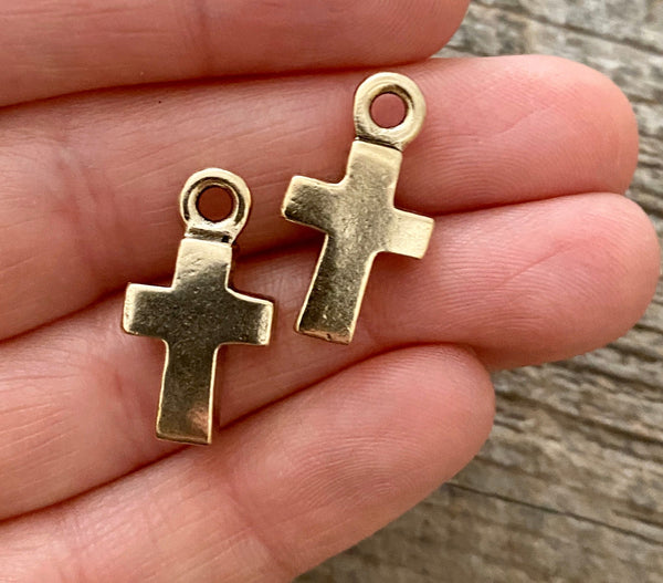 Load image into Gallery viewer, 2 Cross Charm, Gold Cross for Necklace, Small Block Cross, Antique Gold Cross, Jewelry Making, Religious Jewelry, Catholic Gifts, GL-6008
