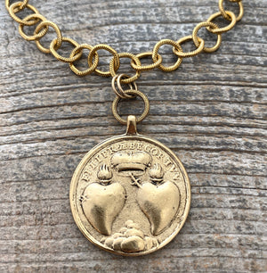 Large Sacred Hearts Medal, St. Anne and Child Mary, Antiqued Gold Pendant, Catholic Christian Religious Jewelry, GL-6100