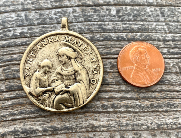 Load image into Gallery viewer, Large Sacred Hearts Medal, St. Anne and Child Mary, Antiqued Gold Pendant, Catholic Christian Religious Jewelry, GL-6100
