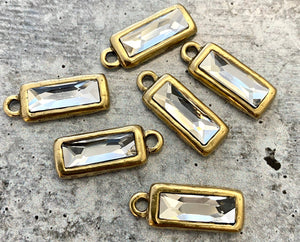 Large Swarovski Crystal Cosmic Baguette Clear Charm, Antiqued Gold Rectangle Pendant, Jewelry Making Artisan Findings, GL-S010