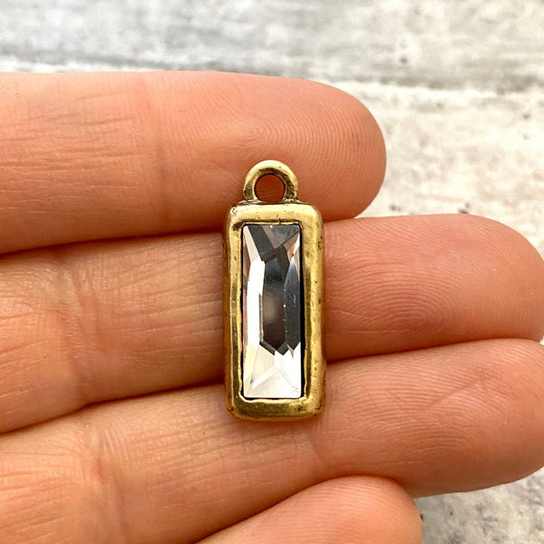 Load image into Gallery viewer, Large Swarovski Crystal Cosmic Baguette Clear Charm, Antiqued Gold Rectangle Pendant, Jewelry Making Artisan Findings, GL-S010
