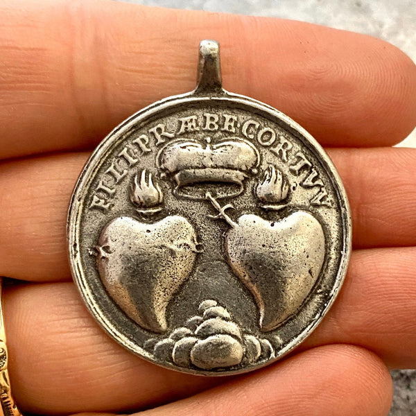 Load image into Gallery viewer, Large Sacred Hearts Medal, St. Anne and Child Mary, Antiqued Silver Pendant, Catholic Christian Religious Jewelry, PW-6100
