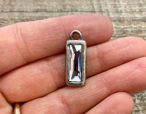 Large Swarovski Crystal Cosmic Baguette Clear Charm, Antiqued Silver Rectangle Pendant, Jewelry Making Artisan Findings, PW-S010