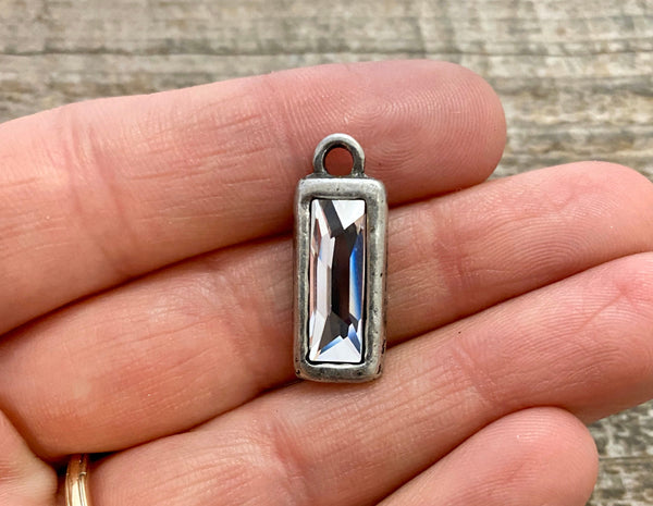 Load image into Gallery viewer, Large Swarovski Crystal Cosmic Baguette Clear Charm, Antiqued Silver Rectangle Pendant, Jewelry Making Artisan Findings, PW-S010
