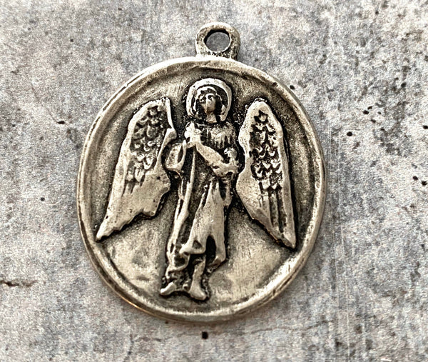 Load image into Gallery viewer, Archangel St. Raphael, Catholic Medal, Angel of Healing, Antiqued Silver Religious Pendant Charm, Protection Christian Jewelry, PW-6135
