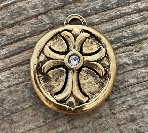 Load image into Gallery viewer, Rhinestone Soldered Maltese Cross Pendant, Artisan Charm with Swarovski Clear Crystal, Antiqued Gold, Jewelry Making Supplies, GL-6102
