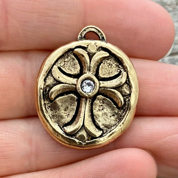 Load image into Gallery viewer, Rhinestone Soldered Maltese Cross Pendant, Artisan Charm with Swarovski Clear Crystal, Antiqued Gold, Jewelry Making Supplies, GL-6102
