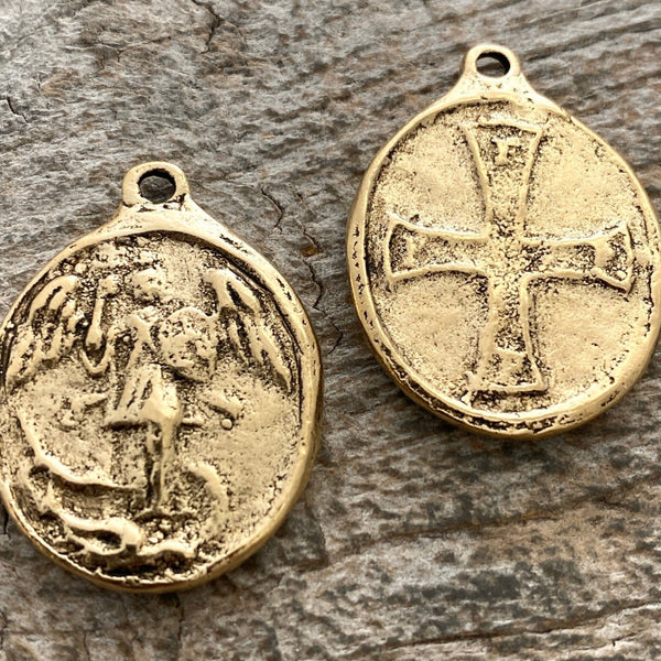 Load image into Gallery viewer, Archangel St. Michael, Catholic Medal, Antiqued Gold Cross Pendant, Religious Charm, Protect Us, Protection Christian Jewelry, GL-6177
