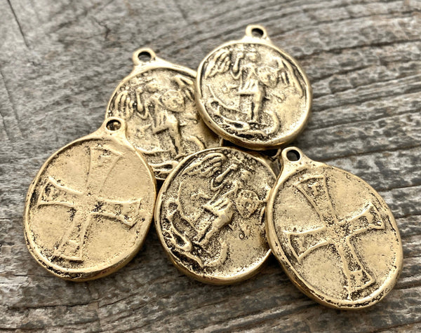 Load image into Gallery viewer, Archangel St. Michael, Catholic Medal, Antiqued Gold Cross Pendant, Religious Charm, Protect Us, Protection Christian Jewelry, GL-6177
