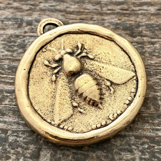 Large Soldered Bee Pendant, Crown and Laurel Leaf Charm, Artisan Jewelry Components Supplies, GL-6190