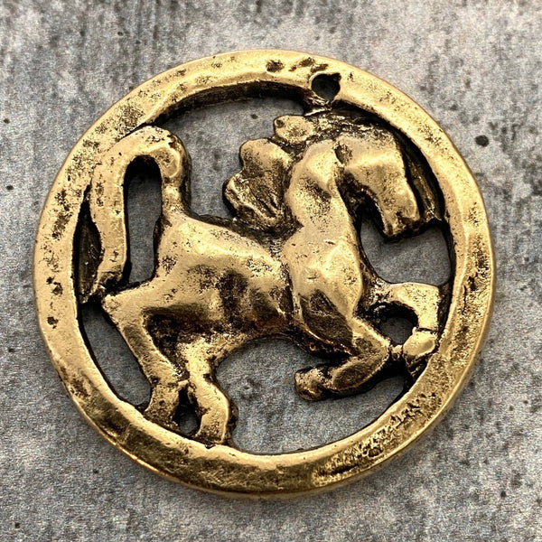 Load image into Gallery viewer, Large Artisan Horse Pendant, Antiqued Gold Equestrian Charm, Jewelry Making, GL-6105
