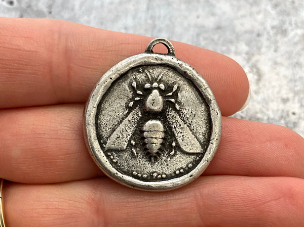 Load image into Gallery viewer, Large Soldered Bee Pendant, Antiqued Silver Crown and Laurel Leaf Charm, Artisan Jewelry Components Supplies, PW-6190
