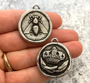 Large Soldered Bee Pendant, Antiqued Silver Crown and Laurel Leaf Charm, Artisan Jewelry Components Supplies, PW-6190