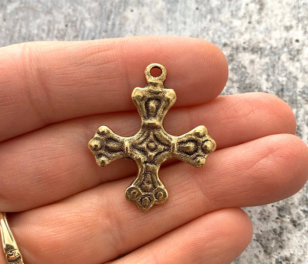 Load image into Gallery viewer, Ancient Cross with Dainty Floral Design, Antiqued Gold Religious Charm Pendant, Christian Jewelry Making Supplies, GL-6084
