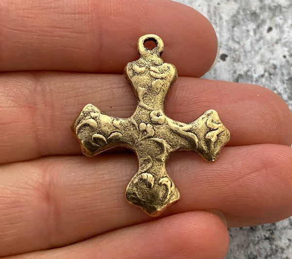 Load image into Gallery viewer, Ancient Cross with Dainty Floral Design, Antiqued Gold Religious Charm Pendant, Christian Jewelry Making Supplies, GL-6084
