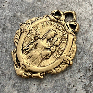 French Mary Medal with Bow, Notre Dame of Lapeyrouse, Antiqued Gold Religious Jewelry Charm Pendant, GL-6101