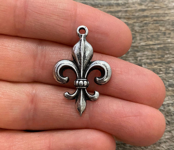 Load image into Gallery viewer, Fleur de lis French Charm, Antiqued Silver, New Orleans Charm, Paris Jewelry, Paris Charm, Findings, PW-6019
