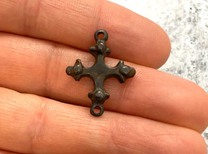 Dotted Cross Connector, Antiqued Rustic Brown Artisan Charm, Jewelry Making Supplies, BR-6097