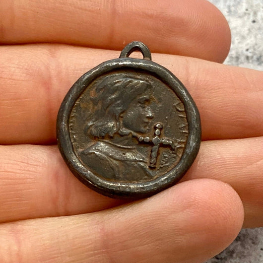 Soldered Joan of Arc Medal, Antiqued Rustic Brown Charm Pendant, Brave Woman, Saint of Soldiers, Religious Catholic Jewelry Supply, BR-6098